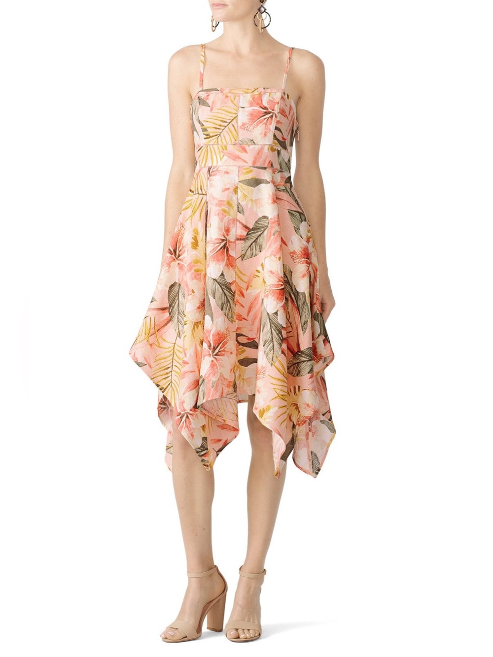 Joie Phara Floral Linen Asymmetrical Flared Dress 10 large pink linen tropical